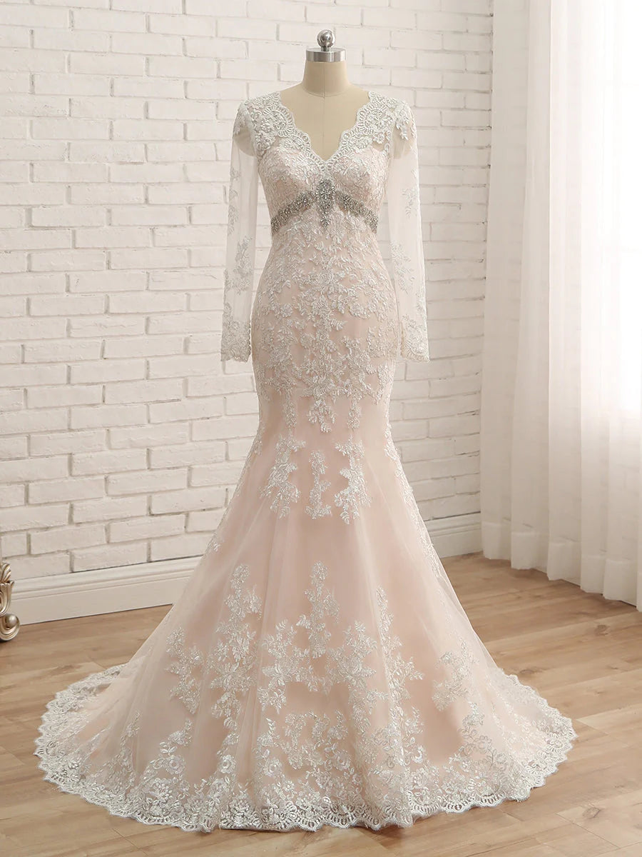 Trumpet/Mermaid V-Neck Long Sleeves Applique With Rhinestone Tulle Floor-Length Wedding Dresses Mermaid Style Gown