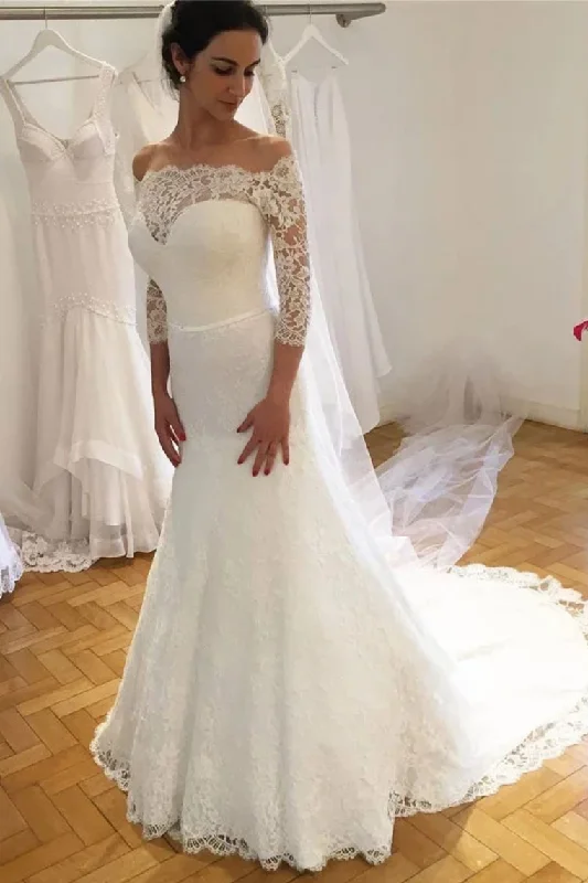 Unique Mermaid Off The Shoulder Lace 3/4 Sleeves Wedding Dresses Wedding STIPPHBAJY2 Lace Train Dress