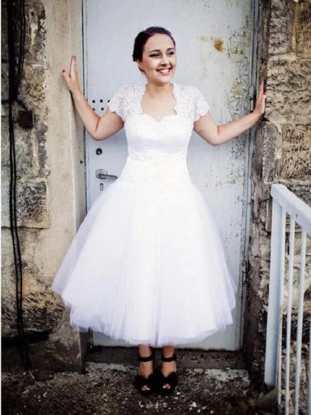 Vintage Style Tea Length Wedding Dress for Older Brides Simple Wedding Gown