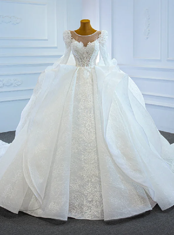 White Lace Ball Gown Long Sleeve Beading Wedding Dress Chic Wedding Gown