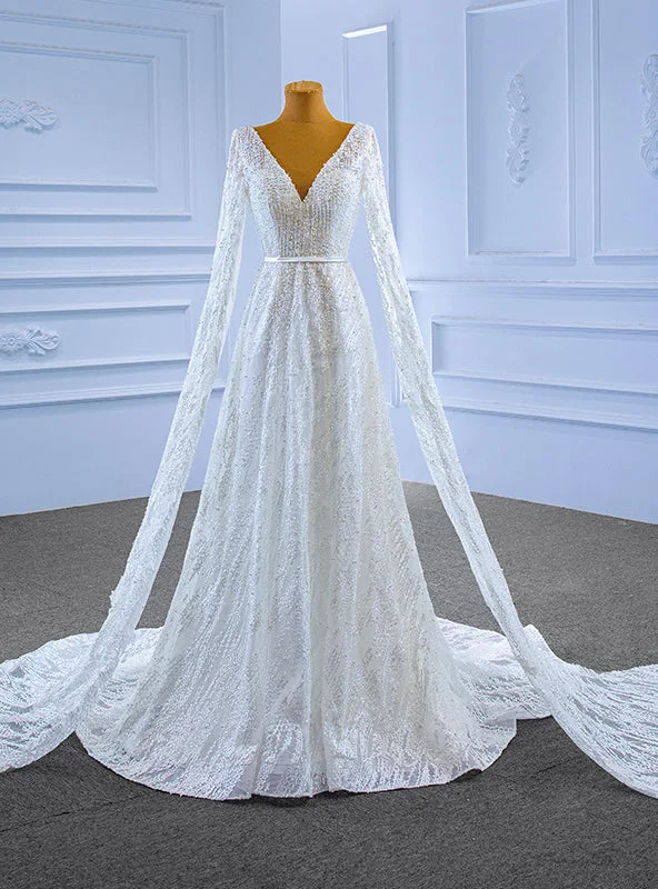 White Lace Deep V-neck Beading Long Sleeve Wedding Dress Lace Wedding Gown