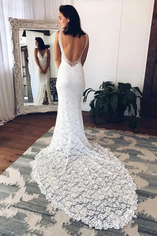 V-Neck Court Train Split Backless Lace Mermaid Wedding Dress Illusion Lace Gown