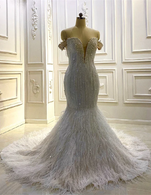 White Mermaid Sequins Pearls Feather Wedding Dress Off-shoulder Wedding Gown