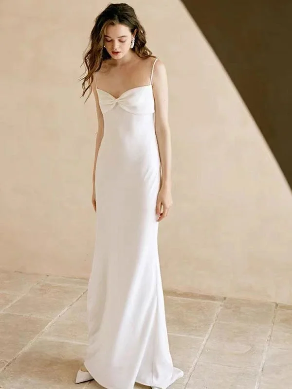 White Simple Wedding Dress Polyester Designed Neckline Spaghetti Straps Bows Polyester Sheath Floor-Length Bridal Dresses Illusion Neckline Gown