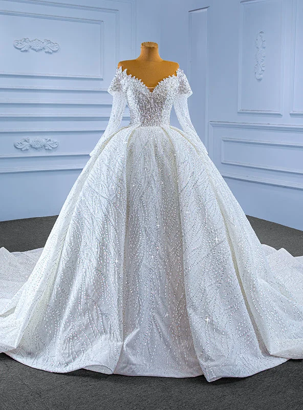 White Tulle Sequins Beading Long Sleeve Luxury Wedding Dress Silk Wedding Gown