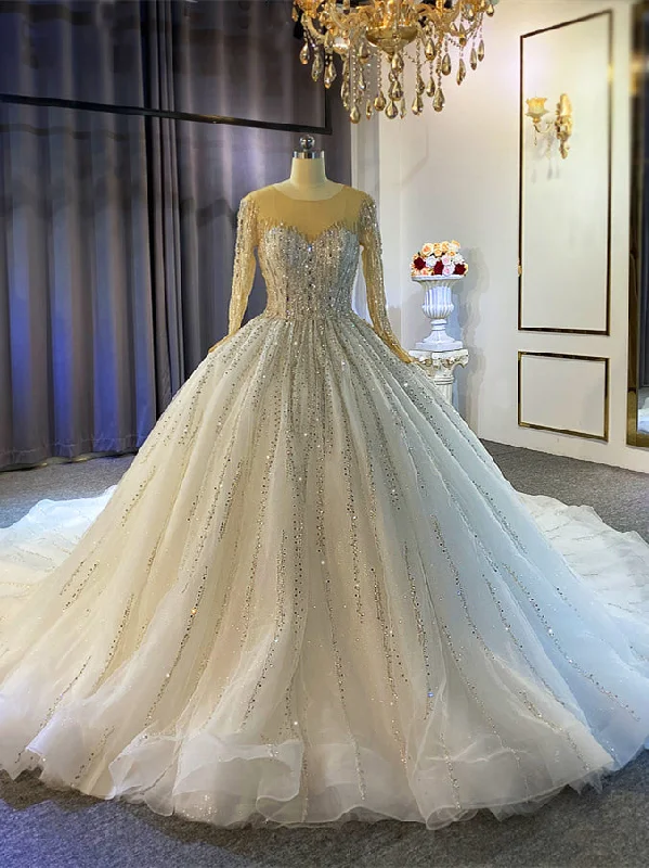 White Tulle Sequins Beading Long Sleeve Wedding Dress Strapless Bridal Dress