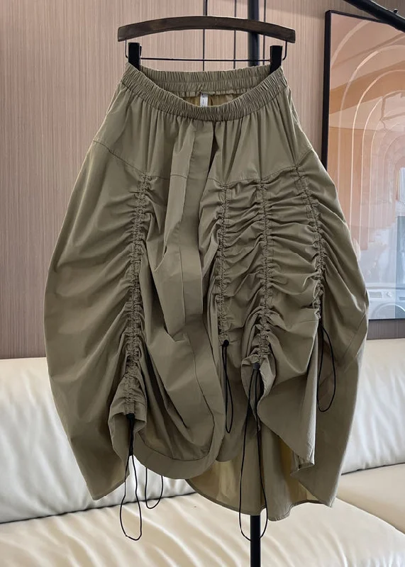 Loose Khaki Drawstring Elastic Waist Cotton Skirt Summer Monochrome unclassified skirts