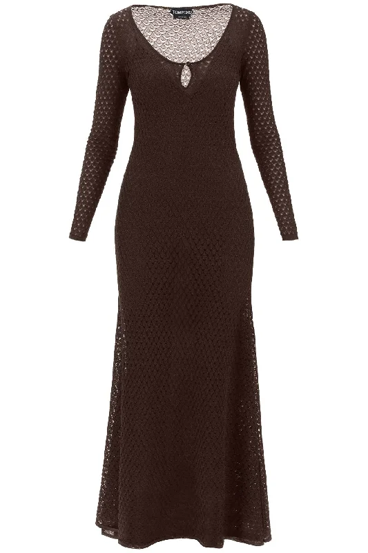 Long Knitted Lurex Perforated Dress  - Brown Summer maxi dresses