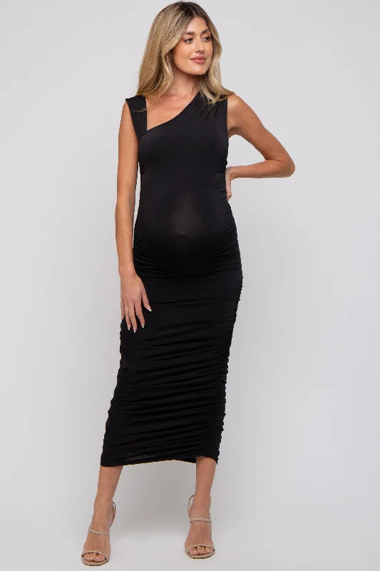 Black Asymmetrical Ruched Maternity Midi Dress High-end midi dresses