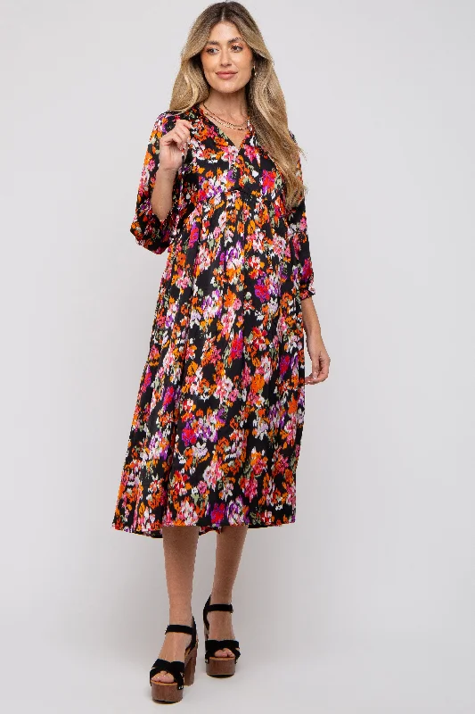 Black Floral Satin Ruffle Neck Maternity Midi Dress Flattering midi dresses for all body types