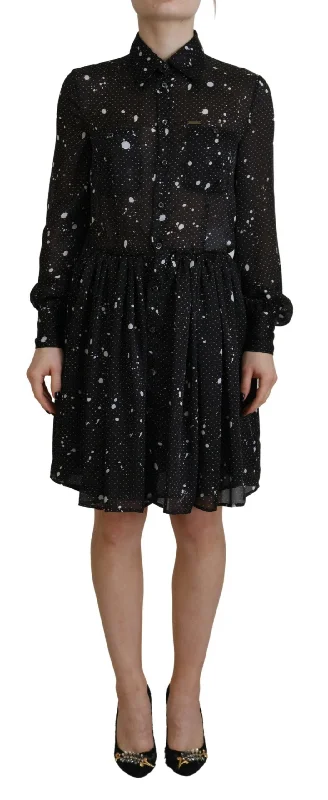 Black Polka Dot Long Sleeves Button Down Dress Chiffon maxi dresses