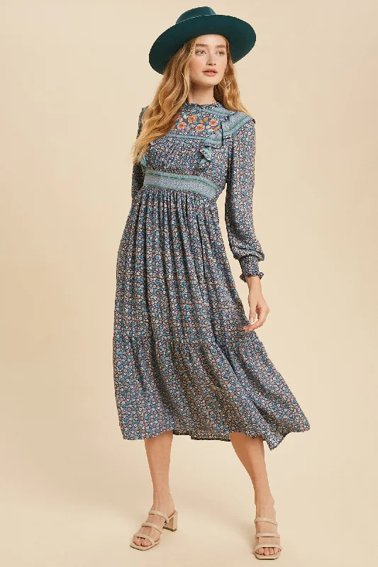 Blue Floral Boho Floral Print Ruffle Midi Preppy midi dresses