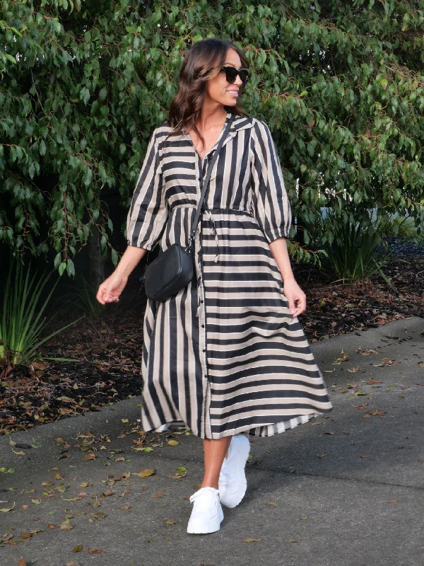 Boho Australia Moss Midi Dress Stripe Brown Tan Must-have midi dresses for this season