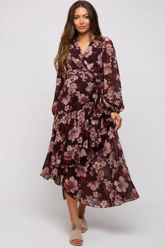 Burgundy Floral Chiffon Wrap Front Ruffle Maternity Midi Dress Leather midi dresses