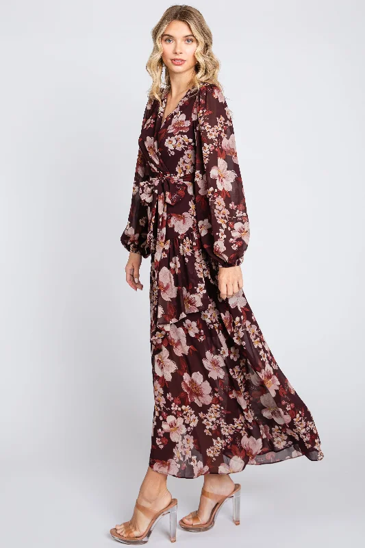 Burgundy Floral Chiffon Wrap Front Ruffle Midi Dress Women's trendy midi dresses sale