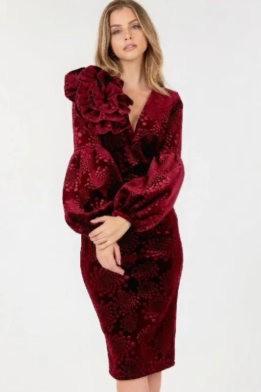 Flower Patch Flocked Velvet Fitted Midi Dress With Puff Sleeves Best midi dresses for elegant looks