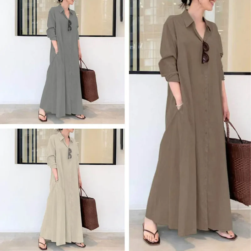 (Buy 1 Get 1) Casual Ramadan /Eid Women Solid Color Lapel Long Sleeve Pocket Simple Shirt Maxi Dress Anniversary maxi dresses