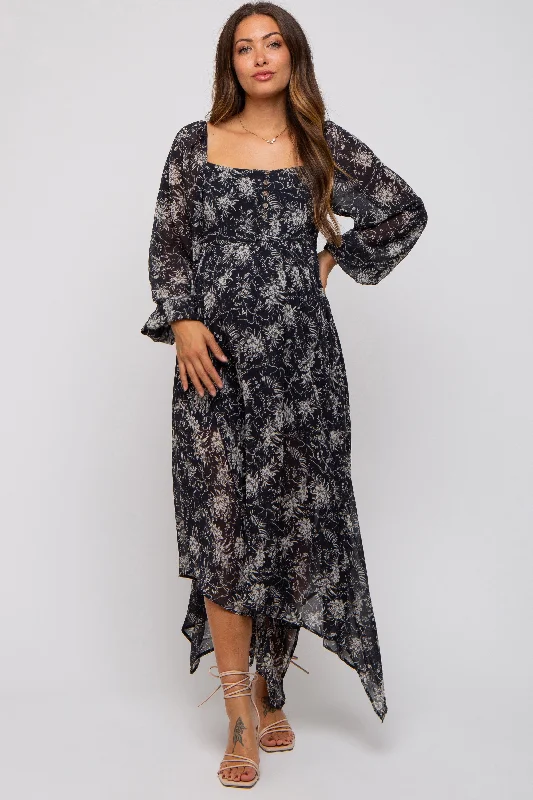 Charcoal Floral Chiffon Square Neck Button Front Maternity Midi Dress Denim midi dresses