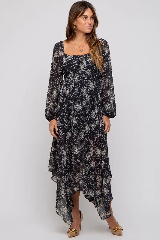 Charcoal Floral Chiffon Square Neck Button Front Midi Dress Best midi dresses for date night