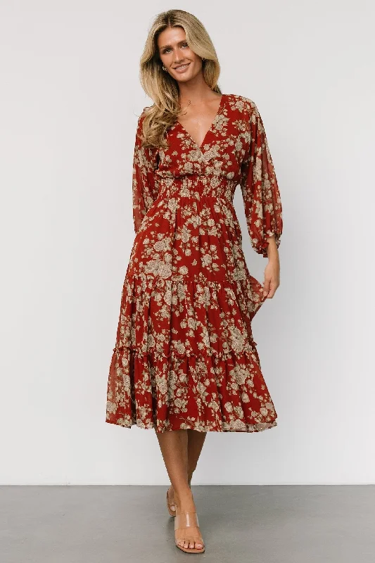 Coventry Tiered Midi Dress | Rust Floral Trendy midi dresses under $50