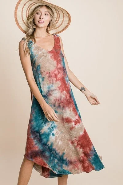 Tie Dye Ribbed Brush Sleeveless Flowy Asymmetrical Hem Midi Dress Street style midi dresses