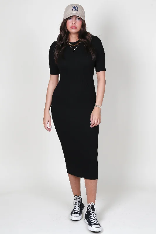 ENZA COSTA | Silk Rib Half Sleeve Midi Dress - Black Holiday midi dresses