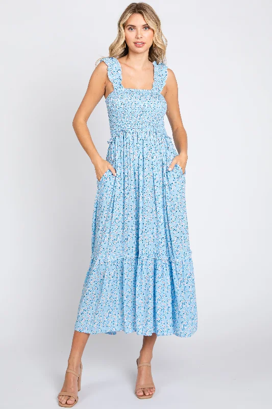 Light Blue Floral Sleeveless Smocked Ruffle Midi Dress Forever 21 midi dresses