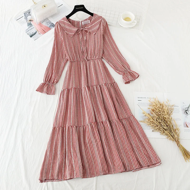 Long sleeve high waist thin French first love lattice fairy gentle dress  4721 Satin maxi dresses