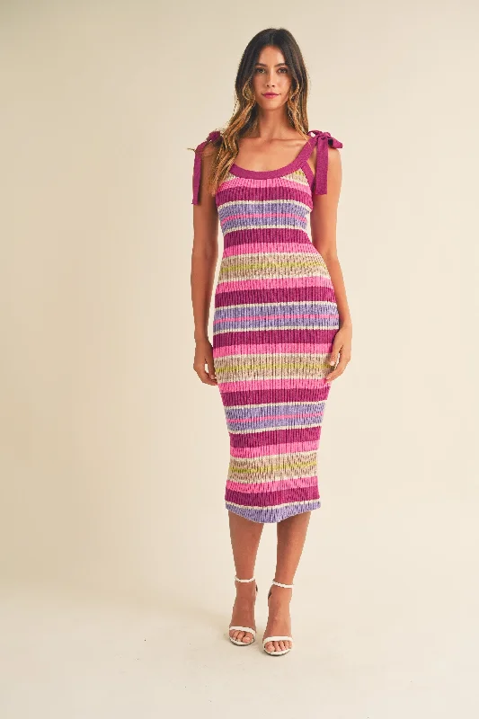 Magenta Striped Sweater Knit Shoulder Tie Midi Dress Lightweight midi dresses for hot weather