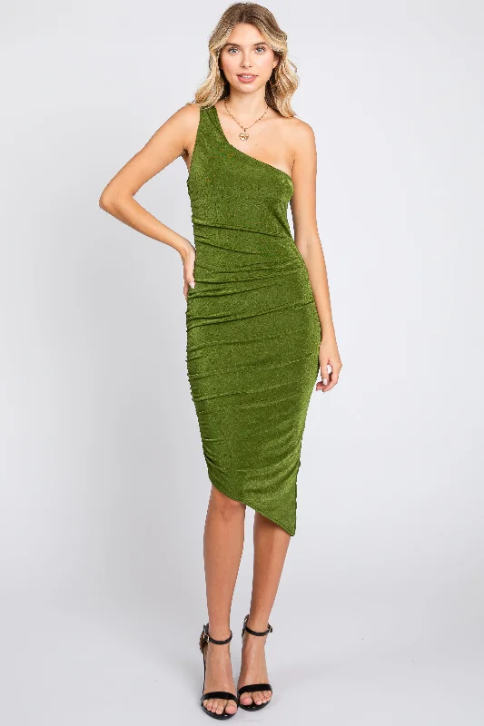 Olive One Shoulder Asymmetrical Hem Midi Dress Anniversary midi dresses