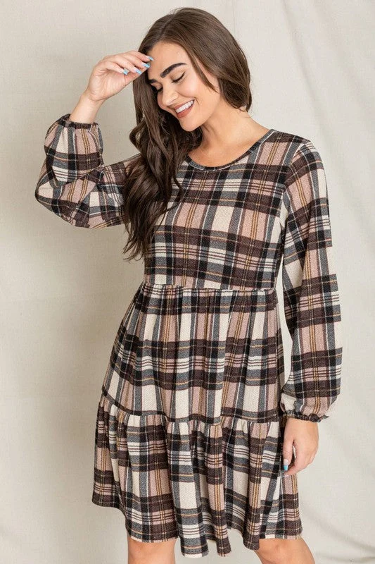 Plaid Balloon Sleeve Tiered Midi Dress Budget-friendly midi dresses