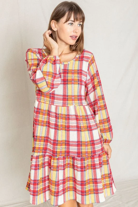 Plaid Balloon Sleeve Tiered Midi Dress Best midi dresses for tall women