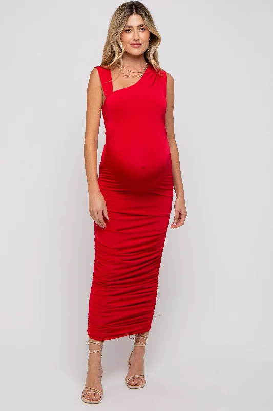 Red Asymmetrical Ruched Maternity Midi Dress Best midi dresses for summer vacation