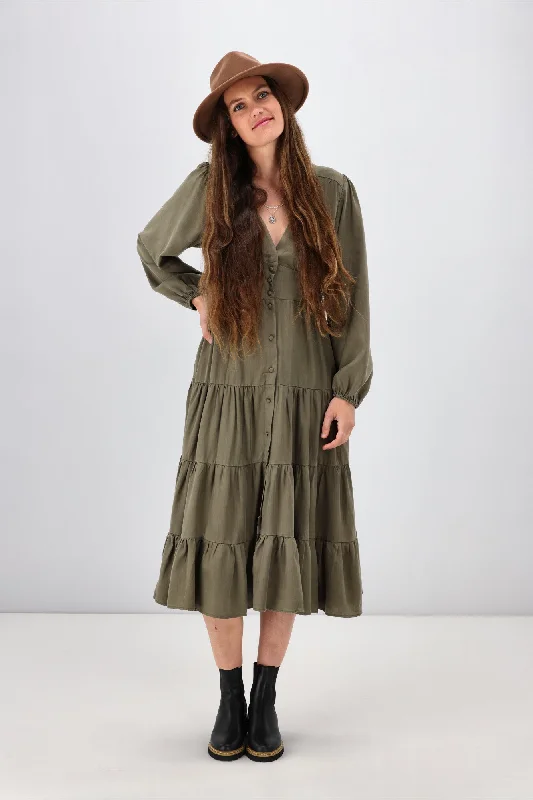 Sass Charity Tiered Midi Dress Khaki Vintage midi dresses