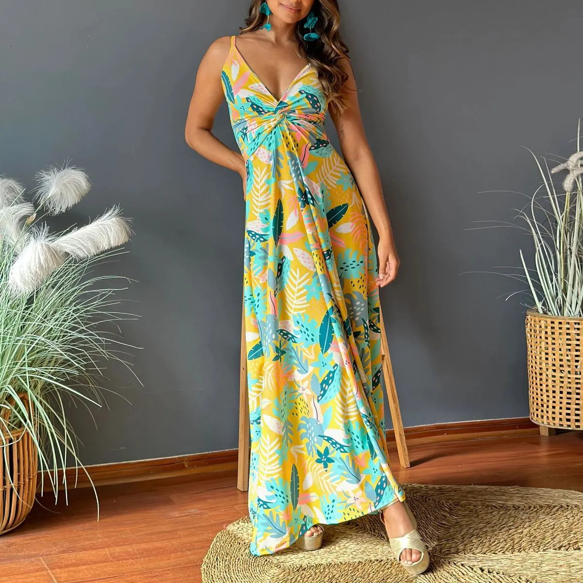 Summer Women Casual Bohemian V-Neck Floral Print Maxi Dress Velvet maxi dresses