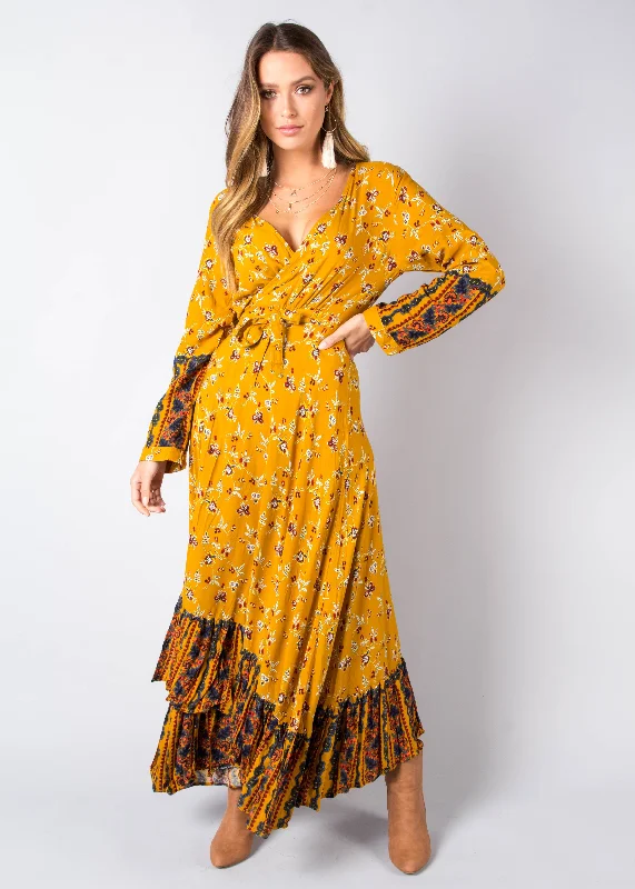 Take Me To Paradise Wrap Maxi Dress - Mustard Floral Vacation maxi dresses