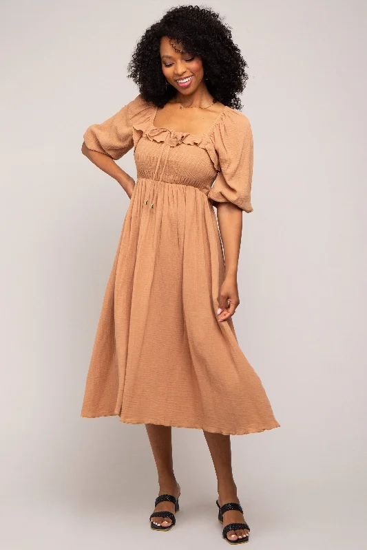 Taupe Gauze Smocked Midi Dress Vacation midi dresses