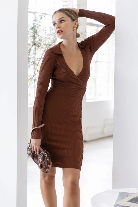 Knit Ribbed Button Up Detail Collared Long Sleeve Midi Dress Off-shoulder midi dresses