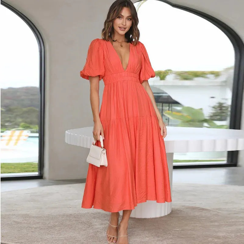 Women Casual Elegant V-Neck Solid Color Puff Sleeve Maxi Dress Leather maxi dresses