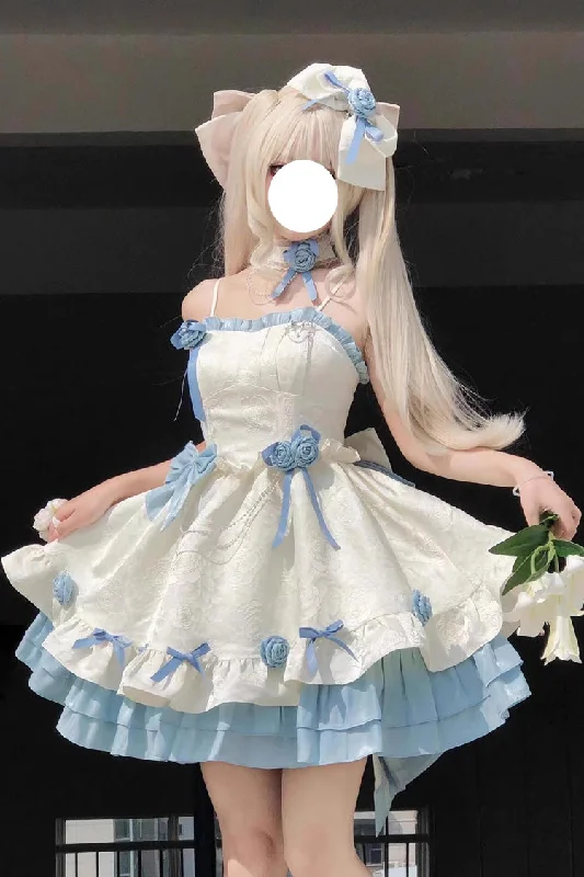 Apricot/Blue Print Ruffle Bowknot Sweet Princess Lolita Jsk Dress Cheap floral dresses