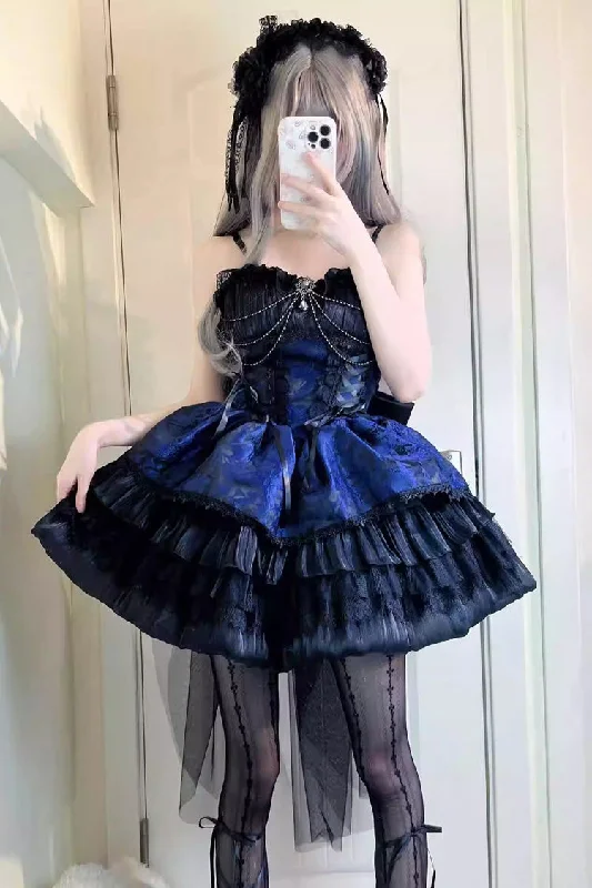 Black/Blue Ancient Dream of the Dark Night Print Ruffle Gothic Lolita Jsk Dress Anniversary floral dresses