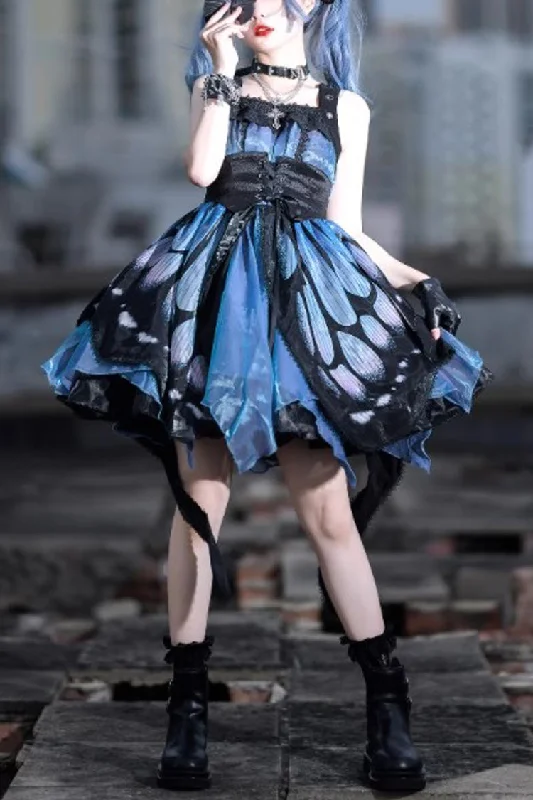 Black/Blue Butterfly Effect Sleeveless Print Girdle Version Gothic Punk Lolita Dress Short floral dresses