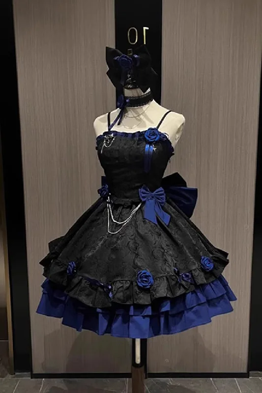 Black/Blue Print Ruffle Bowknot Gothic Princess Lolita Jsk Dress Birthday floral dresses