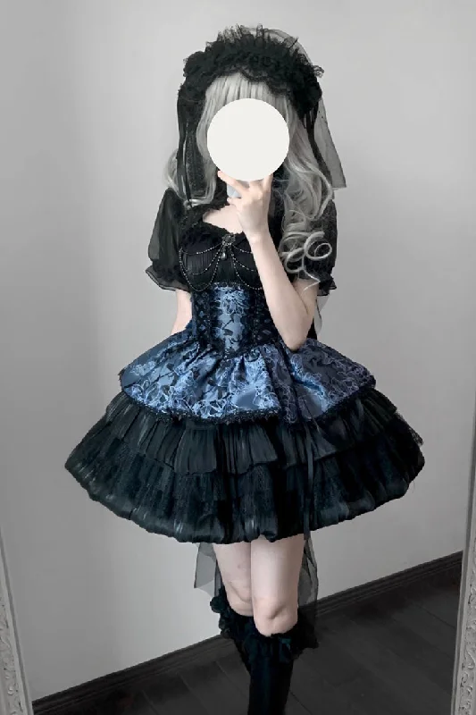 Black/Gray-Blue Ancient Dream of the Dark Night Print Ruffle Gothic Lolita Jsk Dress Wedding floral dresses