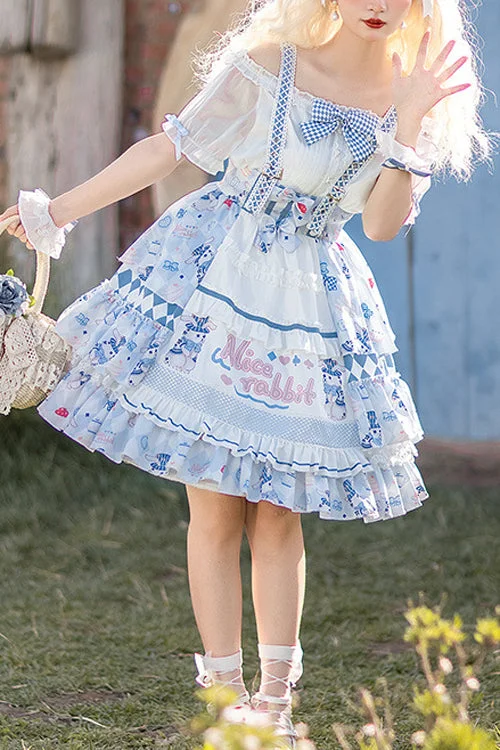 Blue Alice Rabbit Print Multi Layer Design Sweet Lolita JSK Dress Wedding guest floral dresses