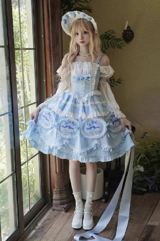 Blue [Butterfly Dream] Multi-Layered Print Ruffle Bowknot Sweet Princess Lolita Jsk Dress Best floral dresses for casual outings