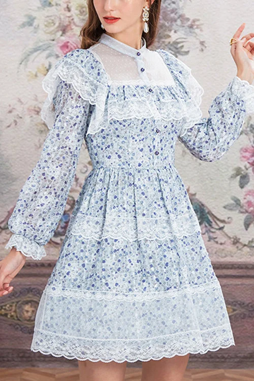 Blue Chiffon Stand Collar French Lace Floral Embroidered Trumpet Long Sleeves Ruffled Sweet Lolita OP Dress Casual floral dresses