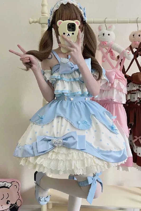 Blue Cream Multi-Layered Polka Dots Print Ruffle Bowknot Sweet Lolita Jsk Dress Best floral dresses for work