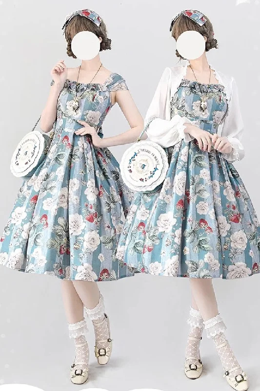 Blue/Green [Forest Basket] Sea Salt Rose Print Bowknot Chiffon Sweet Elegant Lolita Jsk Dress Fashion-forward floral dresses