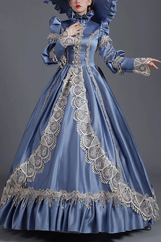 Blue High Collar Long Sleeves High Waisted Hollow Embroidery Floral Print Ruffled Victorian Lolita Prom Dress H&M floral dresses